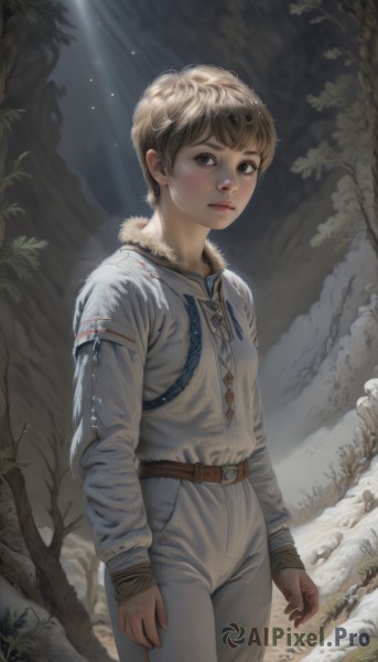 1girl,solo,looking at viewer,short hair,blonde hair,brown hair,shirt,long sleeves,1boy,brown eyes,closed mouth,standing,white shirt,male focus,cowboy shot,outdoors,belt,pants,tree,lips,fur trim,sunlight,nature,snow,androgynous,forest,light rays,realistic,white pants,nose,arms at sides,brown belt,breasts,gloves,freckles,rock