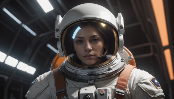 1girl,solo,looking at viewer,short hair,brown hair,brown eyes,closed mouth,upper body,indoors,dark skin,blurry,lips,blurry background,helmet,headset,science fiction,realistic,spacesuit,space helmet,astronaut,black hair,expressionless,portrait,reflection,nose,emblem,space,planet,american flag