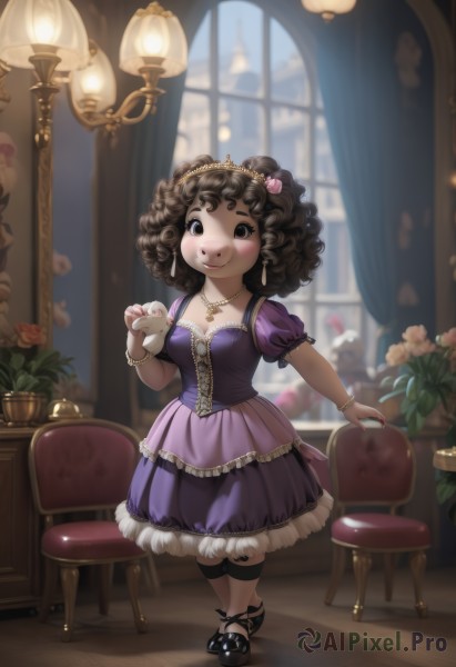 1girl,solo,breasts,looking at viewer,blush,smile,brown hair,hair ornament,dress,brown eyes,jewelry,standing,full body,flower,short sleeves,earrings,small breasts,frills,shoes,puffy sleeves,indoors,hair flower,dark skin,necklace,nail polish,black footwear,blurry,black eyes,bracelet,dark-skinned female,cup,puffy short sleeves,window,depth of field,blurry background,rose,chair,drill hair,table,frilled dress,tiara,plant,curtains,child,corset,purple dress,mary janes,pendant,curly hair,lolita fashion,potted plant,lamp,vase,short hair,black hair,cleavage,medium breasts,food,striped,crown,teacup,teapot