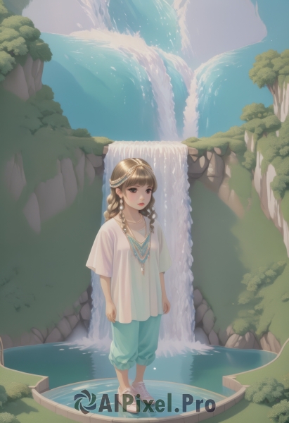 1girl,solo,long hair,looking at viewer,bangs,brown hair,shirt,brown eyes,jewelry,closed mouth,standing,full body,white shirt,braid,short sleeves,outdoors,sky,shoes,day,pants,water,necklace,twin braids,tree,lips,white footwear,sneakers,nature,scenery,arms at sides,watercraft,waterfall,boat,collarbone,earrings,blunt bangs,grass,rock,blue pants,river,green pants,cliff