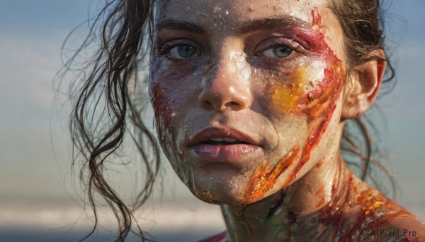 1girl,solo,long hair,looking at viewer,brown hair,black hair,green eyes,outdoors,parted lips,sky,teeth,day,blurry,lips,blood,floating hair,depth of field,blurry background,messy hair,portrait,close-up,blood on face,realistic,nose,dirty,dirty face,1boy,male focus,blue sky,injury