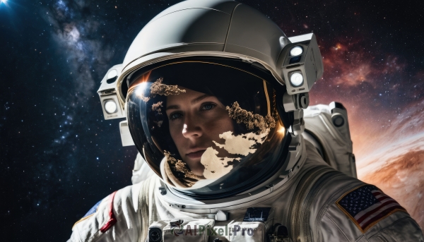 1girl,solo,looking at viewer,black hair,closed mouth,upper body,sky,dark skin,star (symbol),lips,moon,helmet,portrait,star (sky),starry sky,reflection,science fiction,realistic,space,planet,earth (planet),american flag,spacesuit,japanese flag,space helmet,astronaut,blue eyes,sun,flag print,united states,american flag print