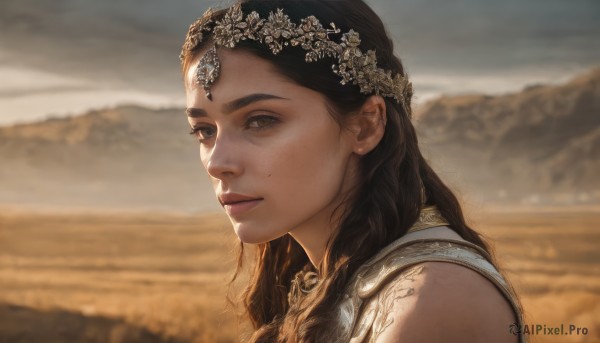 1girl,solo,long hair,looking at viewer,smile,brown hair,black hair,hair ornament,bare shoulders,brown eyes,jewelry,upper body,flower,outdoors,sky,sleeveless,cloud,mole,blurry,from side,lips,dutch angle,depth of field,blurry background,heterochromia,gem,portrait,freckles,circlet,mountain,realistic,nose,head wreath,field,closed mouth,yellow eyes