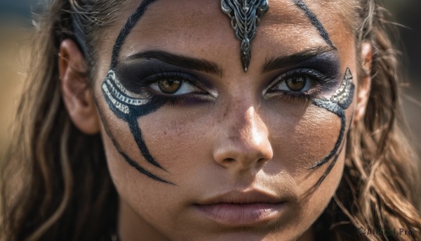 1girl,solo,long hair,looking at viewer,brown hair,brown eyes,closed mouth,blurry,lips,eyelashes,makeup,facial mark,portrait,close-up,freckles,realistic,nose,eye focus,black hair,tattoo