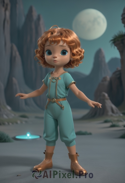 1girl,solo,looking at viewer,short hair,blue eyes,brown hair,shirt,standing,full body,short sleeves,boots,outdoors,sky,belt,dark skin,orange hair,blurry,dark-skinned female,lips,night,blurry background,glowing,brown footwear,moon,child,night sky,full moon,curly hair,female child,overalls