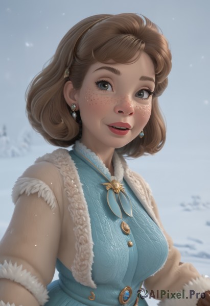 1girl,solo,breasts,looking at viewer,smile,short hair,open mouth,blue eyes,brown hair,gloves,long sleeves,dress,brown eyes,jewelry,medium breasts,upper body,hairband,earrings,outdoors,parted lips,teeth,day,artist name,blurry,black eyes,lips,coat,fur trim,eyelashes,makeup,blurry background,blue dress,watermark,lipstick,brooch,gem,web address,snow,brown gloves,freckles,snowing,nose,winter clothes,red lips,winter,winter coat,bangs,sky,thick eyebrows,realistic