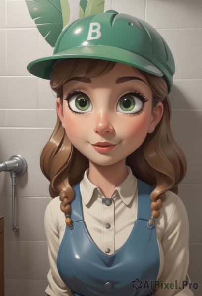 1girl,solo,long hair,breasts,looking at viewer,blush,smile,brown hair,shirt,hat,jewelry,medium breasts,closed mouth,green eyes,white shirt,upper body,braid,earrings,collared shirt,artist name,indoors,twin braids,lips,eyelashes,dress shirt,buttons,blue dress,shadow,thick eyebrows,helmet,feathers,wing collar,hair over shoulder,sleeves rolled up,freckles,green headwear,tiles,stud earrings,overalls,hat feather,tile wall,bangs,hair ornament,makeup,leaf,red lips