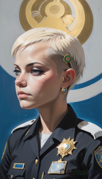 1girl,solo,short hair,blonde hair,shirt,hair ornament,jewelry,jacket,upper body,white hair,earrings,parted lips,hairclip,mole,uniform,lips,grey eyes,military,eyelashes,mole under eye,military uniform,makeup,eyeshadow,freckles,nose,emblem,eyeliner,very short hair,badge,medal,blue eyes,closed mouth,white shirt,blue background,halo,portrait,realistic,police,police uniform,mascara