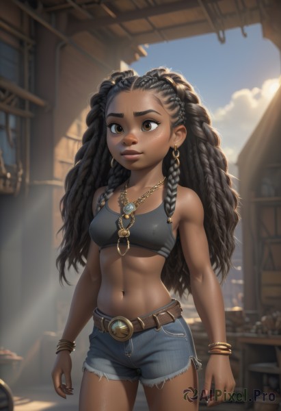 1girl,solo,long hair,breasts,smile,black hair,navel,bare shoulders,brown eyes,jewelry,underwear,standing,collarbone,braid,cowboy shot,earrings,small breasts,outdoors,sky,shorts,day,midriff,belt,artist name,cloud,indoors,dark skin,necklace,stomach,nail polish,bra,blurry,bracelet,covered nipples,dark-skinned female,blue sky,lips,crop top,fingernails,shiny skin,short shorts,makeup,blurry background,watermark,sunlight,thick eyebrows,cloudy sky,denim,web address,forehead,buckle,pendant,freckles,denim shorts,curly hair,toned,sports bra,belt buckle,nose,arms at sides,cutoffs,big hair,very dark skin,dreadlocks,multiple braids,medium breasts,closed mouth,torn clothes,bare arms,facial mark,looking away,watch,torn shorts