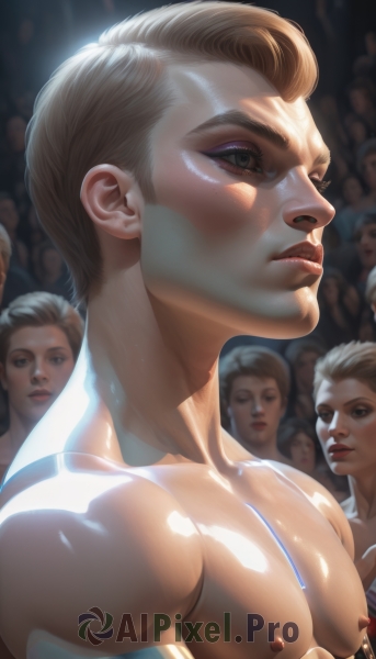 solo,short hair,blue eyes,multiple girls,blonde hair,brown hair,1boy,brown eyes,closed mouth,nipples,upper body,male focus,nude,solo focus,shiny,artist name,blurry,lips,shiny skin,makeup,muscular,6+girls,pectorals,muscular male,eyeshadow,6+boys,realistic,nose,undercut,crowd,1girl,mole,mole under eye,bara,large pectorals,meme,topless male,light,pectoral focus