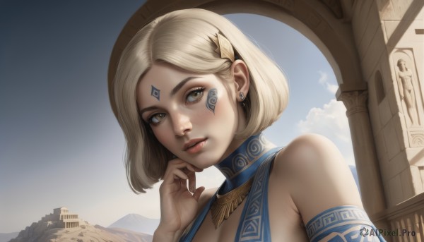 1girl,solo,breasts,looking at viewer,short hair,bangs,blonde hair,hair ornament,dress,bare shoulders,brown eyes,jewelry,yellow eyes,upper body,earrings,outdoors,parted lips,sky,day,hand up,lips,parted bangs,tattoo,makeup,blue dress,facial mark,building,realistic,nose,cleavage,necklace,bob cut,portrait,freckles,forehead mark,facial tattoo