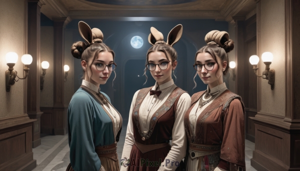 breasts,looking at viewer,smile,blue eyes,multiple girls,blonde hair,brown hair,shirt,long sleeves,dress,bow,animal ears,brown eyes,jewelry,medium breasts,closed mouth,standing,jacket,white shirt,earrings,glasses,collared shirt,indoors,3girls,bowtie,necklace,hair bun,rabbit ears,mole,vest,lips,4girls,double bun,black bow,night,fake animal ears,moon,red dress,single hair bun,full moon,black-framed eyewear,black bowtie,mirror,round eyewear,red vest,red lips,lamp,pillar,brown bow,updo,brown bowtie,upper body,parted lips,mole under eye,makeup,night sky