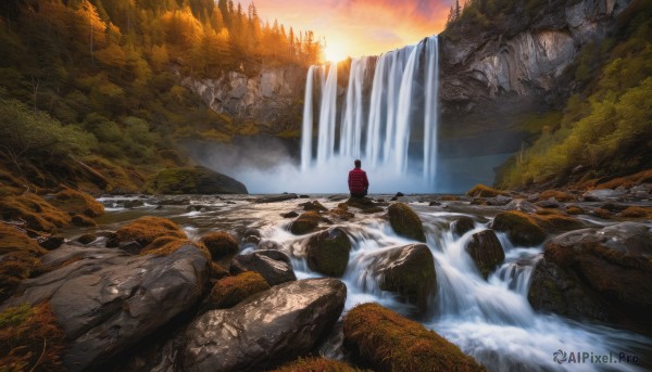 solo, 1boy, outdoors, water, tree, nature, scenery, forest, sunset, rock, river, waterfall, landscape, cliff