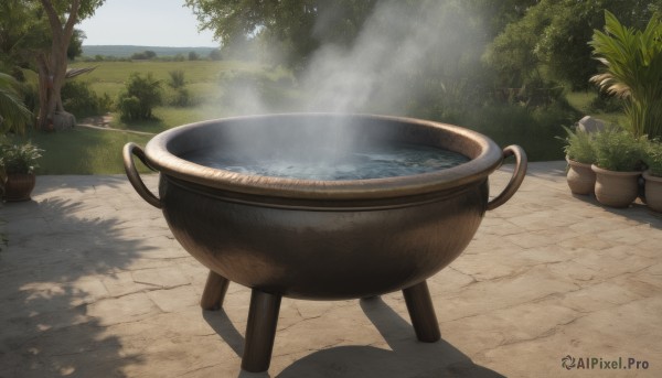 outdoors,sky,day,water,tree,cup,no humans,shadow,sunlight,grass,plant,steam,nature,scenery,smoke,potted plant,bush,shade,path,cloud,blue sky,reflection,teacup,still life,flower pot