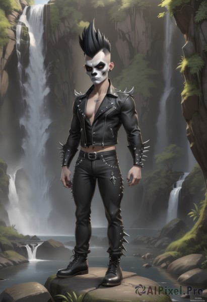 solo,looking at viewer,short hair,black hair,red eyes,long sleeves,1boy,navel,jewelry,standing,jacket,full body,male focus,earrings,boots,outdoors,open clothes,midriff,belt,pants,artist name,water,necklace,black footwear,open jacket,tree,black jacket,mask,muscular,glowing,black pants,piercing,ring,spiked hair,ear piercing,nature,black nails,glowing eyes,buckle,spikes,forest,black belt,rock,belt buckle,leather,undercut,no pupils,waterfall,leather jacket,mohawk,leather pants,nail polish,bracelet,chain,pale skin,zipper,skull,facepaint,spiked bracelet,spiked collar