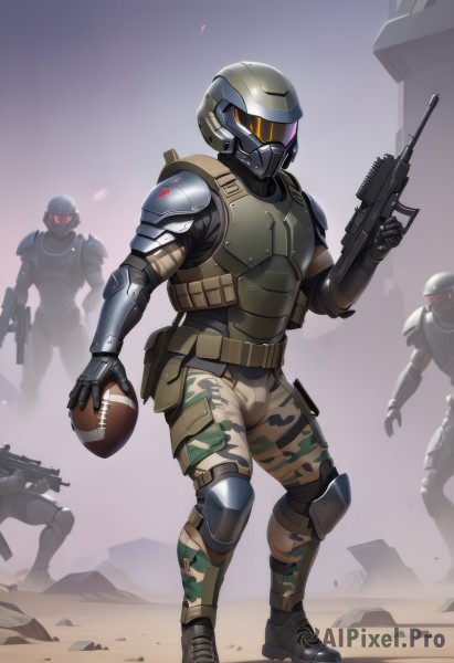 red eyes,gloves,1boy,holding,standing,full body,weapon,male focus,boots,multiple boys,solo focus,pants,2boys,holding weapon,armor,uniform,vest,gun,military,military uniform,glowing,3boys,helmet,shoulder armor,holding gun,rifle,ball,science fiction,pouch,assault rifle,knee pads,camouflage,multiple others,elbow pads,holding ball,power armor,basketball,soldier,bullpup,tactical clothes,battle rifle,bulletproof vest,camouflage pants,body armor,1girl,outdoors,trigger discipline,submachine gun