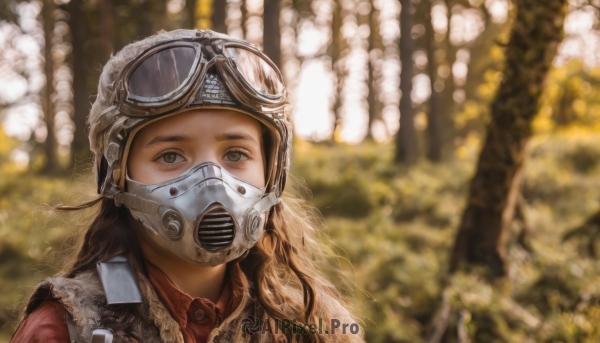 1girl,solo,long hair,looking at viewer,blonde hair,brown hair,shirt,upper body,outdoors,blurry,vest,tree,mask,depth of field,blurry background,helmet,goggles,red shirt,portrait,nature,forest,goggles on head,realistic,goggles on headwear,brown eyes,military,gas mask,respirator