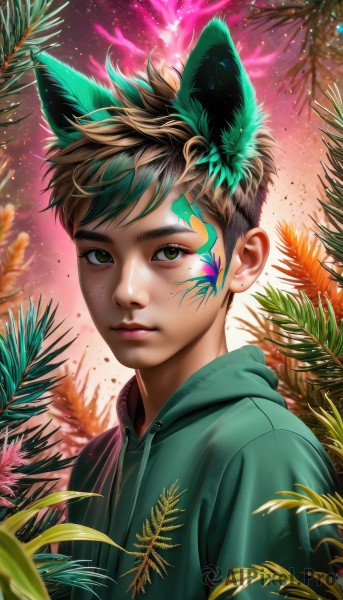 solo,looking at viewer,short hair,bangs,brown hair,black hair,1boy,animal ears,brown eyes,closed mouth,green eyes,upper body,male focus,multicolored hair,outdoors,green hair,artist name,cat ears,hood,two-tone hair,lips,hoodie,leaf,watermark,facial mark,hood down,plant,freckles,realistic,nose,green hoodie,fake animal ears,wolf ears,extra ears