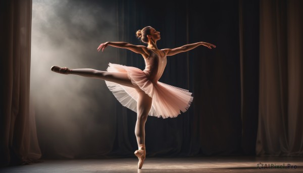 1girl,solo,brown hair,dress,bare shoulders,standing,closed eyes,pantyhose,hair bun,leotard,single hair bun,standing on one leg,dancing,plantar flexion,ballerina,ballet slippers,ballet,tutu,breasts,open mouth,black hair,full body,small breasts,outstretched arms,curtains,white pantyhose,tiptoes,spotlight,athletic leotard