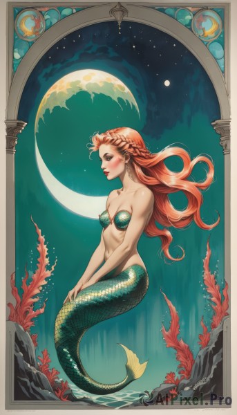 1girl,solo,long hair,breasts,blush,navel,cleavage,bare shoulders,jewelry,medium breasts,collarbone,swimsuit,full body,closed eyes,braid,bikini,red hair,earrings,sky,artist name,signature,orange hair,lips,strapless,profile,makeup,night,floating hair,watermark,border,moon,lipstick,monster girl,star (sky),night sky,bikini top only,web address,french braid,v arms,underwater,red lips,scales,green bikini,mermaid,crescent moon,shell,hands on lap,coral,shell bikini,blue eyes,sitting,looking up,eyeshadow,fish,framed