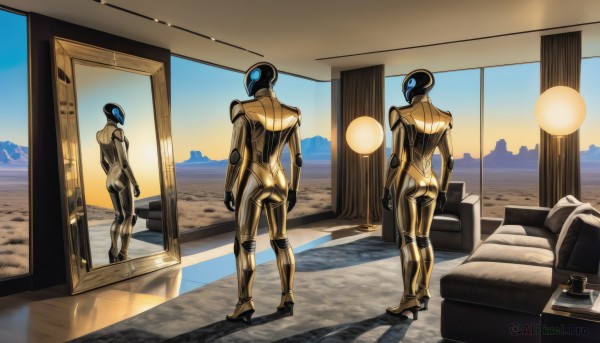 1girl,standing,ass,sky,indoors,from behind,pillow,window,bodysuit,bed,helmet,robot,couch,reflection,science fiction,sunset,1boy,male focus,shadow,mirror,lamp,painting (object),spacesuit,carpet