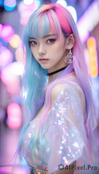 1girl,solo,long hair,breasts,looking at viewer,bangs,blue eyes,shirt,jewelry,closed mouth,blue hair,white shirt,upper body,pink hair,short sleeves,multicolored hair,earrings,choker,belt,blunt bangs,blurry,from side,two-tone hair,lips,see-through,grey eyes,eyelashes,makeup,depth of field,blurry background,black choker,eyeshadow,realistic,nose,bokeh,artist name,looking to the side,gradient hair,watermark,expressionless,mascara