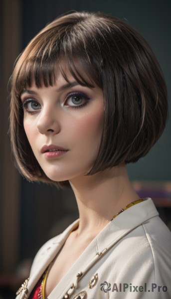 1girl,solo,looking at viewer,short hair,bangs,brown hair,shirt,jewelry,green eyes,jacket,upper body,parted lips,teeth,blunt bangs,necklace,blurry,black eyes,lips,grey eyes,eyelashes,makeup,depth of field,blurry background,bob cut,white jacket,lipstick,portrait,eyeshadow,realistic,nose,red lips,eyeliner,blue eyes,white shirt,artist name,from side,watermark,mascara