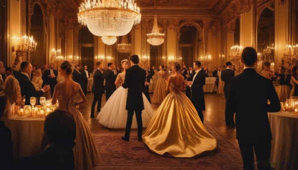 long hair,short hair,multiple girls,black hair,long sleeves,dress,bare shoulders,standing,multiple boys,pants,indoors,white dress,cup,6+girls,formal,table,suit,alcohol,drinking glass,6+boys,wine glass,dancing,yellow dress,crowd,gown,champagne flute,chandelier,blonde hair,gloves,holding,jewelry,jacket,solo focus,hair bun,from behind,black jacket,back,black pants,single hair bun,strapless dress,faceless,wedding dress,backless outfit,bare back,bald,backless dress,extra,wedding,tuxedo,people