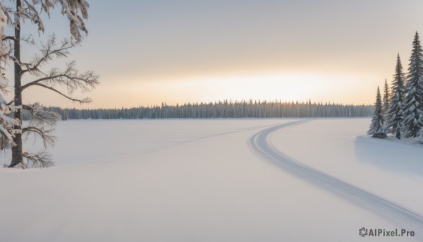 outdoors,sky,tree,no humans,shadow,ground vehicle,nature,scenery,snow,forest,sunset,mountain,road,winter,bare tree,bicycle,landscape,day,cloud,water,blue sky,grass,reflection,lake,sunrise