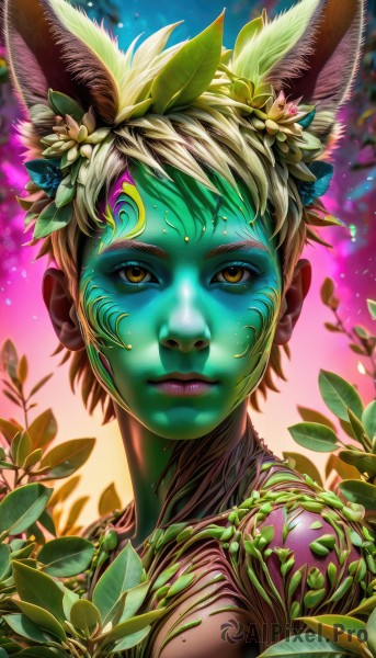 1girl,solo,looking at viewer,short hair,blonde hair,hair ornament,1boy,animal ears,closed mouth,yellow eyes,upper body,flower,male focus,hair flower,rabbit ears,mole,lips,makeup,colored skin,leaf,facial mark,plant,portrait,androgynous,realistic,nose,brown hair,brown eyes,artist name,extra ears,blue skin,facepaint,green skin,bodypaint