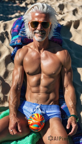 solo,looking at viewer,smile,1boy,navel,jewelry,sitting,underwear,nipples,white hair,male focus,outdoors,lying,day,on back,stomach,bracelet,muscular,facial hair,beach,abs,sunglasses,ring,pectorals,muscular male,bara,beard,bulge,topless male,mature male,realistic,mustache,sand,manly,old,male swimwear,old man,navel hair,swim trunks,swim briefs,short hair,thighs,grin,blurry,from above,scar,ball,veins,cigarette,smoking,wedding ring,shade,chest hair,leg hair,body hair,wrinkled skin