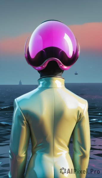 1girl,solo,long sleeves,1boy,standing,upper body,ass,male focus,outdoors,sky,cloud,water,from behind,bodysuit,night,ocean,back,helmet,star (sky),arms at sides,horizon,facing away,watercraft,jumpsuit,boat,tokusatsu,yellow bodysuit,motorcycle helmet,lighthouse,jacket,science fiction,yellow jacket