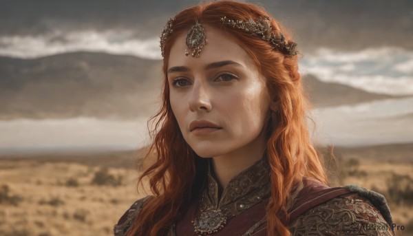 1girl,solo,long hair,looking at viewer,brown hair,brown eyes,jewelry,closed mouth,upper body,outdoors,sky,day,cloud,necklace,orange hair,armor,blurry,lips,depth of field,blurry background,wavy hair,portrait,freckles,curly hair,circlet,mountain,realistic,red hair,expressionless,cloudy sky,gem