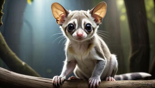 HQ,solo,looking at viewer,blue eyes,closed mouth,outdoors,blurry,black eyes,tree,no humans,depth of field,blurry background,animal,cat,nature,claws,forest,realistic,branch,animal focus,mouse,whiskers,full body