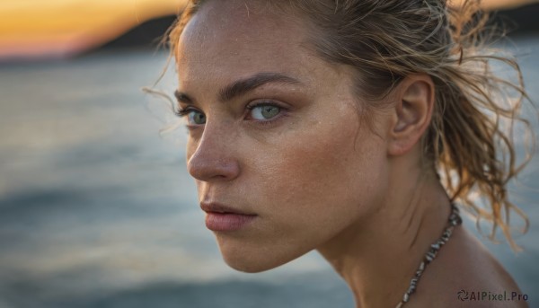 1girl,solo,looking at viewer,short hair,blonde hair,brown hair,jewelry,closed mouth,green eyes,outdoors,necklace,blurry,lips,grey eyes,blurry background,portrait,freckles,realistic,nose,brown eyes,sweat,eyelashes,depth of field,scar,close-up