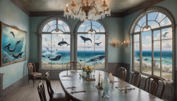 flower,sky,day,cloud,indoors,water,cup,blue sky,book,no humans,window,bird,ocean,chair,beach,table,cloudy sky,scenery,plate,drinking glass,fish,wooden floor,horizon,lamp,candle,wine glass,vase,waves,painting (object),seagull,candlestand,dolphin,chandelier,sunlight,bottle,plant,reflection,glass,picture frame,carpet,picture (object),reflective floor