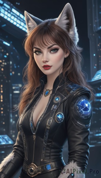 1girl,solo,long hair,breasts,looking at viewer,bangs,brown hair,gloves,animal ears,cleavage,jewelry,medium breasts,underwear,green eyes,jacket,upper body,parted lips,belt,artist name,cat ears,necklace,bra,mole,blurry,lips,fur trim,bodysuit,makeup,night,blurry background,lipstick,gem,pendant,zipper,city,red lips,leather,signature,black jacket,animal ear fluff,eyelashes,wolf ears,eyeshadow,freckles,science fiction,realistic,black bodysuit