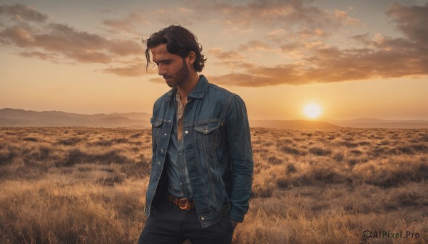 solo,brown hair,shirt,black hair,1boy,jewelry,standing,jacket,closed eyes,male focus,outdoors,sky,belt,pants,cloud,necklace,open jacket,facial hair,grass,denim,blue jacket,scenery,beard,pocket,sunset,jeans,realistic,hands in pockets,stubble,sun,field,denim jacket,open clothes,horizon,unbuttoned