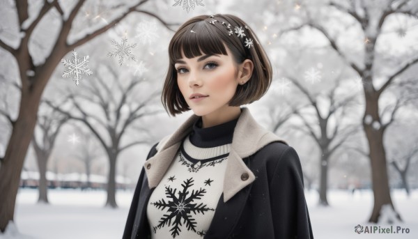 1girl,solo,looking at viewer,smile,short hair,bangs,blue eyes,brown hair,black hair,hair ornament,jewelry,jacket,upper body,hairband,earrings,outdoors,parted lips,open clothes,teeth,day,blunt bangs,blurry,sweater,tree,lips,coat,black jacket,blurry background,turtleneck,bob cut,snow,snowing,turtleneck sweater,winter clothes,white sweater,snowflakes,winter,bare tree,snowflake hair ornament,grey eyes,eyelashes,realistic,nose