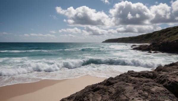 outdoors,sky,day,cloud,water,blue sky,no humans,ocean,beach,cloudy sky,scenery,rock,sand,horizon,waves,shore