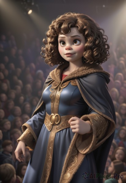 1girl,breasts,smile,short hair,brown hair,long sleeves,dress,brown eyes,medium breasts,standing,solo focus,belt,hood,wide sleeves,medium hair,cape,blurry,lips,fur trim,blurry background,blue dress,clenched hand,cloak,6+boys,curly hair,robe,nose,crowd,people,solo,blush,artist name