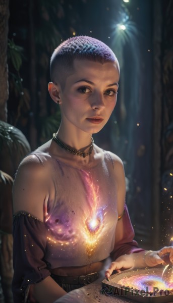 1girl,solo,looking at viewer,short hair,black hair,1boy,navel,bare shoulders,brown eyes,jewelry,sitting,upper body,male focus,earrings,detached sleeves,choker,midriff,belt,dark skin,necklace,mole,blurry,black eyes,dark-skinned female,lips,book,blurry background,piercing,tank top,fire,ear piercing,freckles,open book,realistic,magic,very short hair,closed mouth,nail polish,night,fantasy