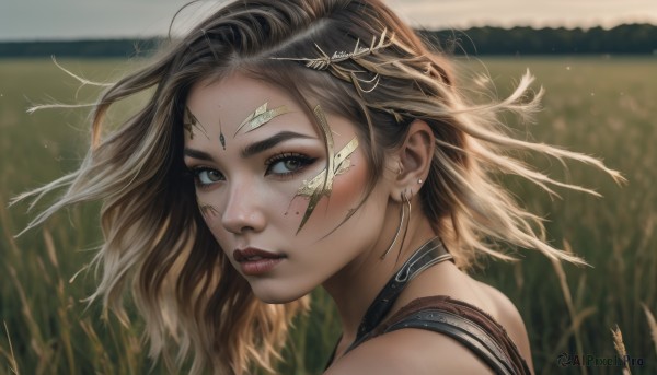 1girl,solo,looking at viewer,short hair,brown hair,hair ornament,brown eyes,jewelry,earrings,outdoors,choker,day,artist name,mole,blurry,from side,lips,floating hair,blurry background,facial mark,wind,portrait,freckles,realistic,nose,red lips,long hair,bare shoulders,multicolored hair,parted lips,eyelashes,makeup,depth of field,piercing,grass,circlet,forehead jewel