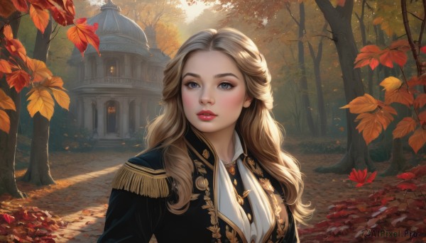 1girl,solo,long hair,looking at viewer,blue eyes,blonde hair,brown hair,jacket,upper body,outdoors,parted lips,day,uniform,tree,lips,grey eyes,makeup,leaf,wavy hair,sunlight,building,nature,scenery,forest,epaulettes,curly hair,realistic,red lips,autumn leaves,maple leaf,autumn,falling leaves,path,breasts,blush