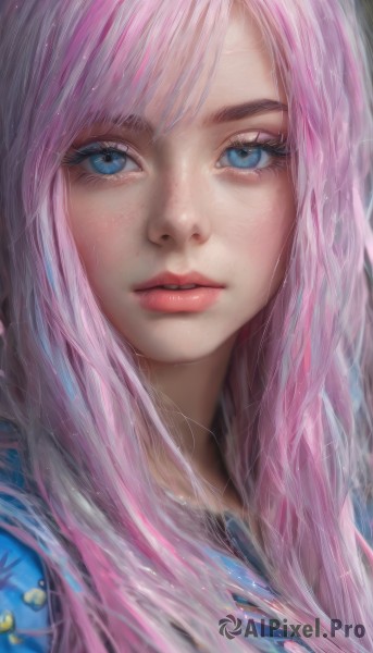 1girl,solo,long hair,looking at viewer,bangs,blue eyes,pink hair,multicolored hair,parted lips,tears,lips,eyelashes,makeup,portrait,close-up,freckles,pink lips,realistic,nose,red lips