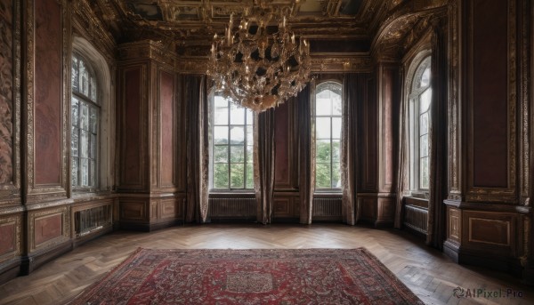 day,indoors,tree,no humans,window,sunlight,scenery,wooden floor,stairs,door,architecture,pillar,ceiling,carpet,church,arch,candlestand,rug,chandelier,chair,table,candle,painting (object),floor