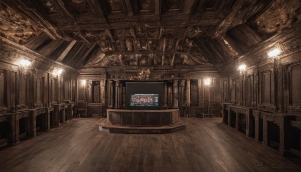 monochrome,indoors,dutch angle,no humans,table,scenery,wooden floor,stairs,door,light,television,ceiling,brown theme,ceiling light,chandelier,chair,fantasy,railing,wooden wall