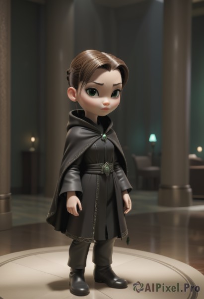 1girl,solo,looking at viewer,short hair,brown hair,long sleeves,dress,jewelry,closed mouth,green eyes,standing,full body,boots,pants,indoors,hood,cape,black footwear,blurry,black dress,capelet,blurry background,aged down,brooch,gem,child,cloak,forehead,robe,arms at sides,female child,lips,lamp,pillar