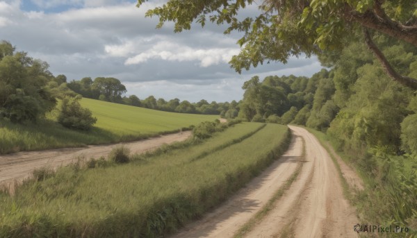 outdoors,sky,day,cloud,tree,blue sky,no humans,shadow,cloudy sky,grass,plant,nature,scenery,forest,road,bush,field,landscape,path