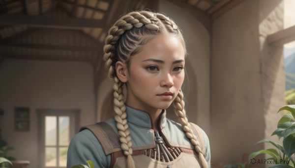 1girl,solo,long hair,looking at viewer,blonde hair,brown hair,shirt,brown eyes,closed mouth,upper body,braid,day,indoors,mole,blurry,twin braids,lips,grey eyes,window,blurry background,looking away,sunlight,blue shirt,plant,portrait,hair over shoulder,freckles,realistic,nose,potted plant,multiple braids,depth of field,expressionless,forehead